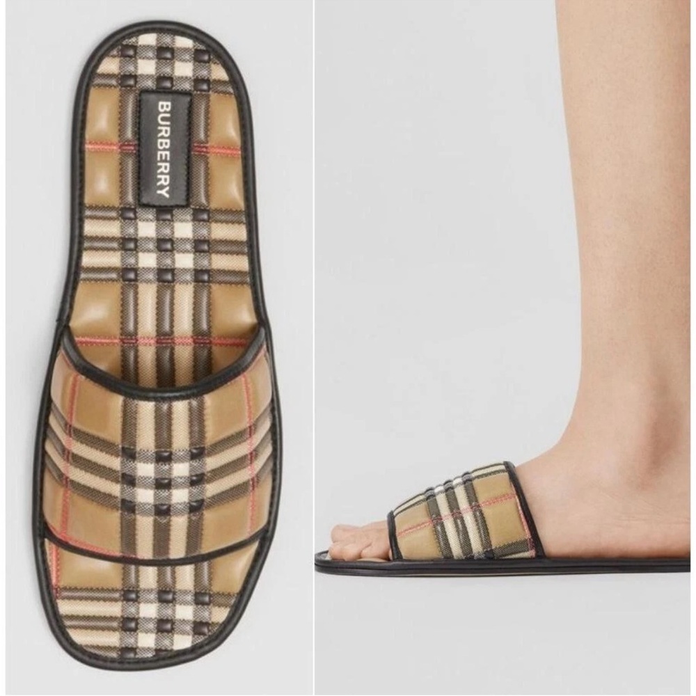 Burberry Beige Check Slide Sandals with Black Trim